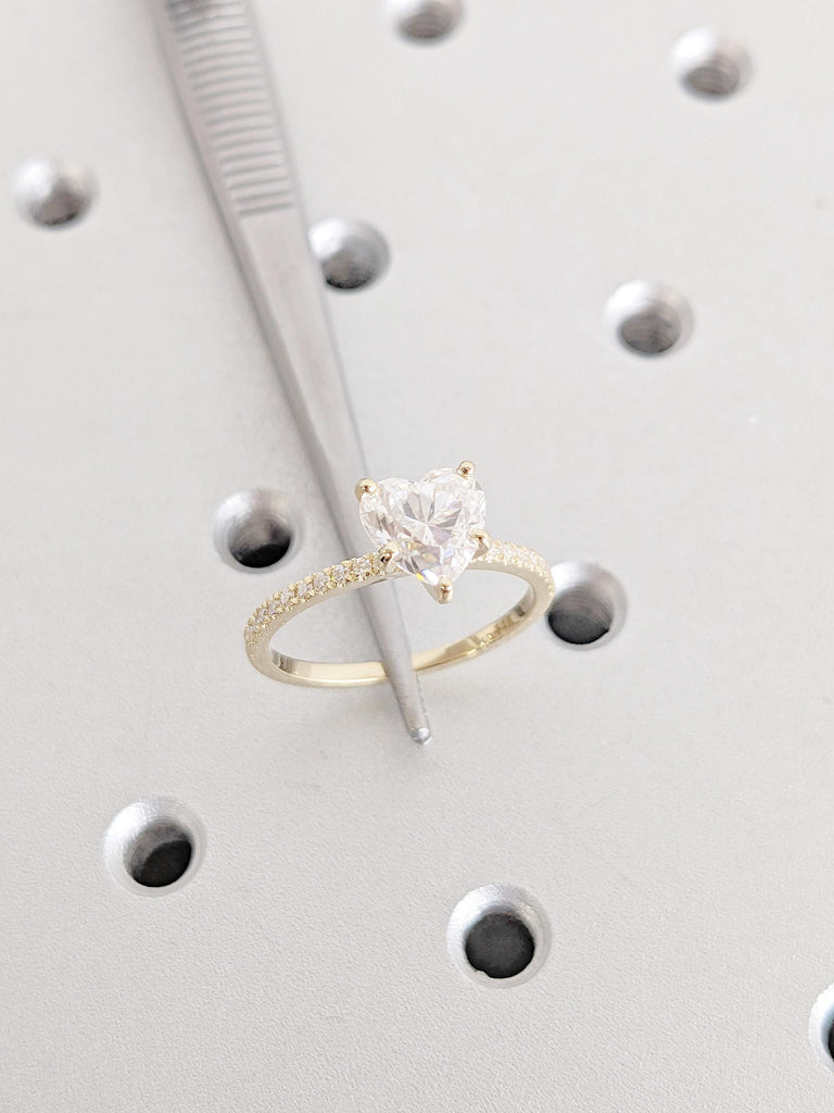 Heart Cut Lab Grown Diamond Ring | 14K Yellow Gold Solitaire Engagement Ring | Yellow Gold Pavé Band | Half Eternity Wedding Ring for Women