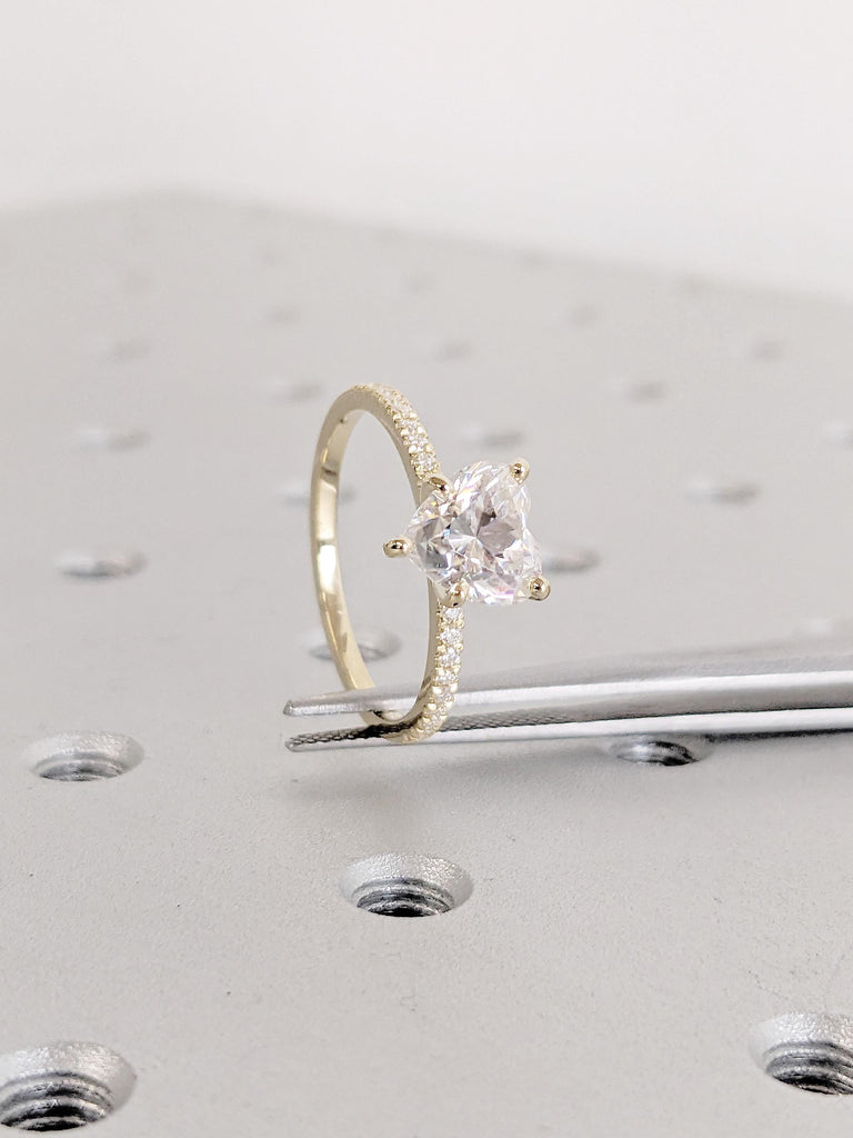 Heart Cut Lab Grown Diamond Ring | 14K Yellow Gold Solitaire Engagement Ring | Yellow Gold Pavé Band | Half Eternity Wedding Ring for Women