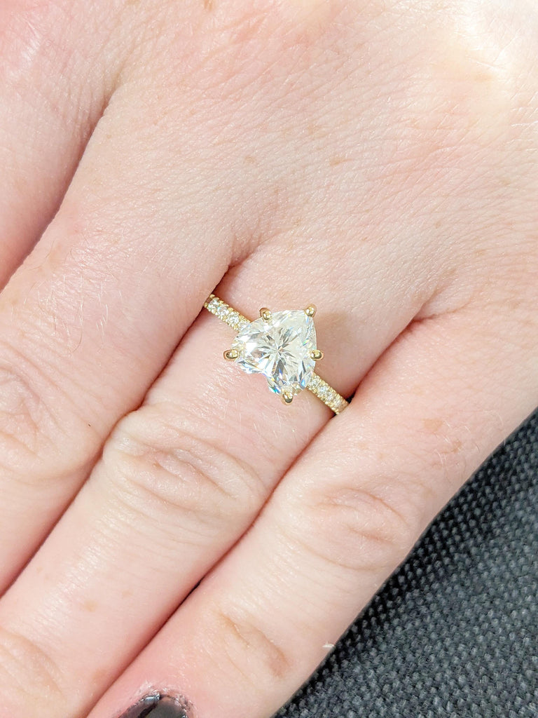 Heart Cut Lab Grown Diamond Ring | 14K Yellow Gold Solitaire Engagement Ring | Yellow Gold Pavé Band | Half Eternity Wedding Ring for Women
