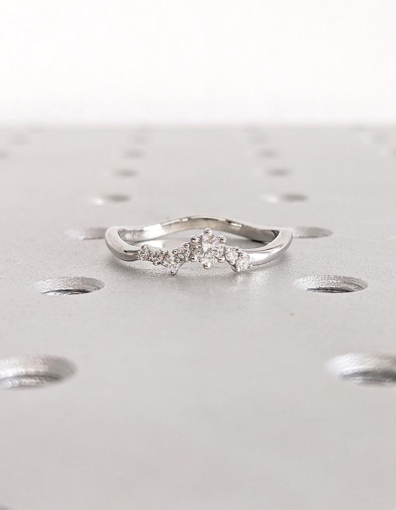 Platinum Rings for Women, Curved Wedding Band, Art Deco Lab Diamond