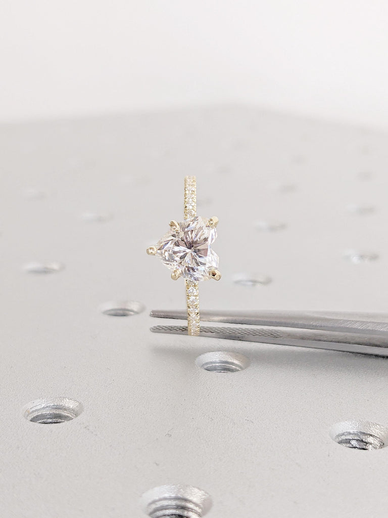 Heart Cut Lab Grown Diamond Ring | 14K Yellow Gold Solitaire Engagement Ring | Yellow Gold Pavé Band | Half Eternity Wedding Ring for Women