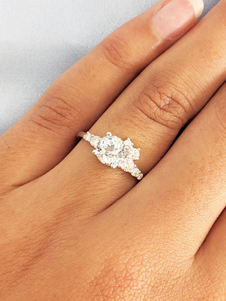 Round Aquamarine Ring, 14k White Gold Engagement Ring, Round Moissanite, Diamond Cluster Ring