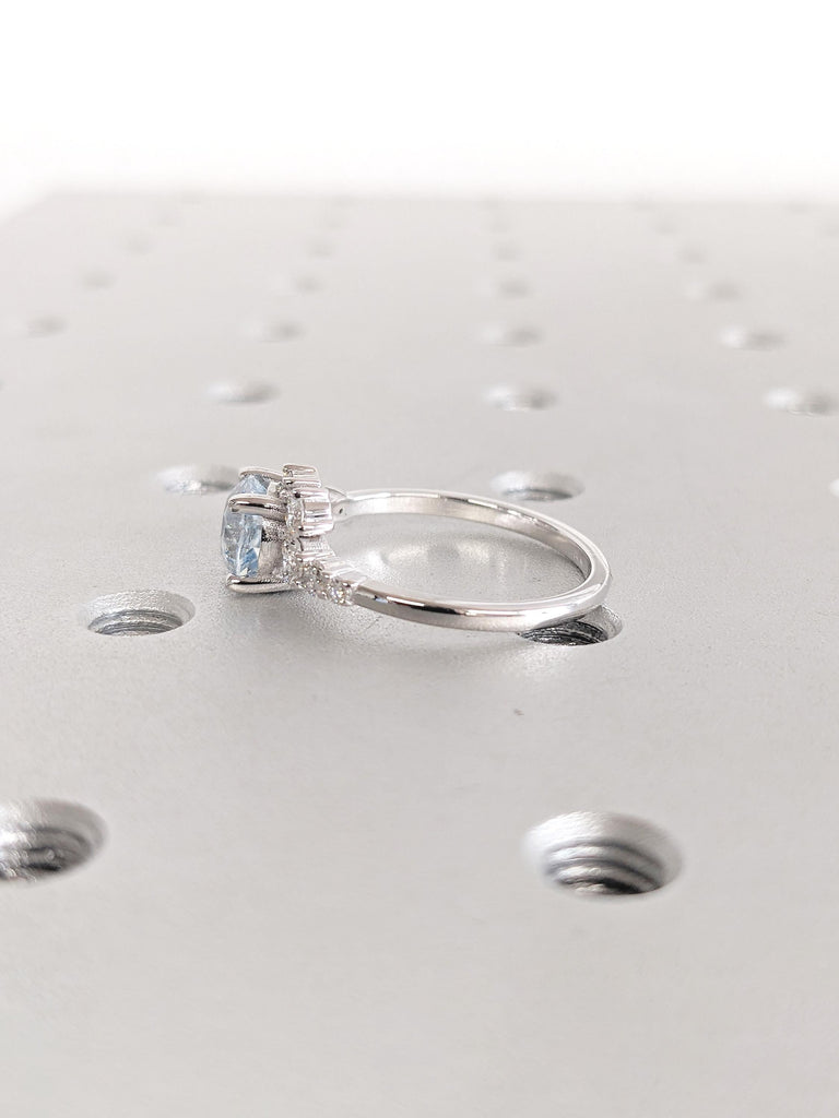 Round Aquamarine Ring, 14k White Gold Engagement Ring, Round Moissanite, Diamond Cluster Ring