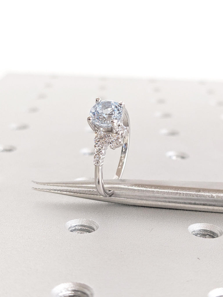 14k Gold Round Aquamarine and Diamond Engagement Ring, Moissanite Cluster Ring, Aquamarine Ring, Promise Ring for Her, March Birthstone Ring