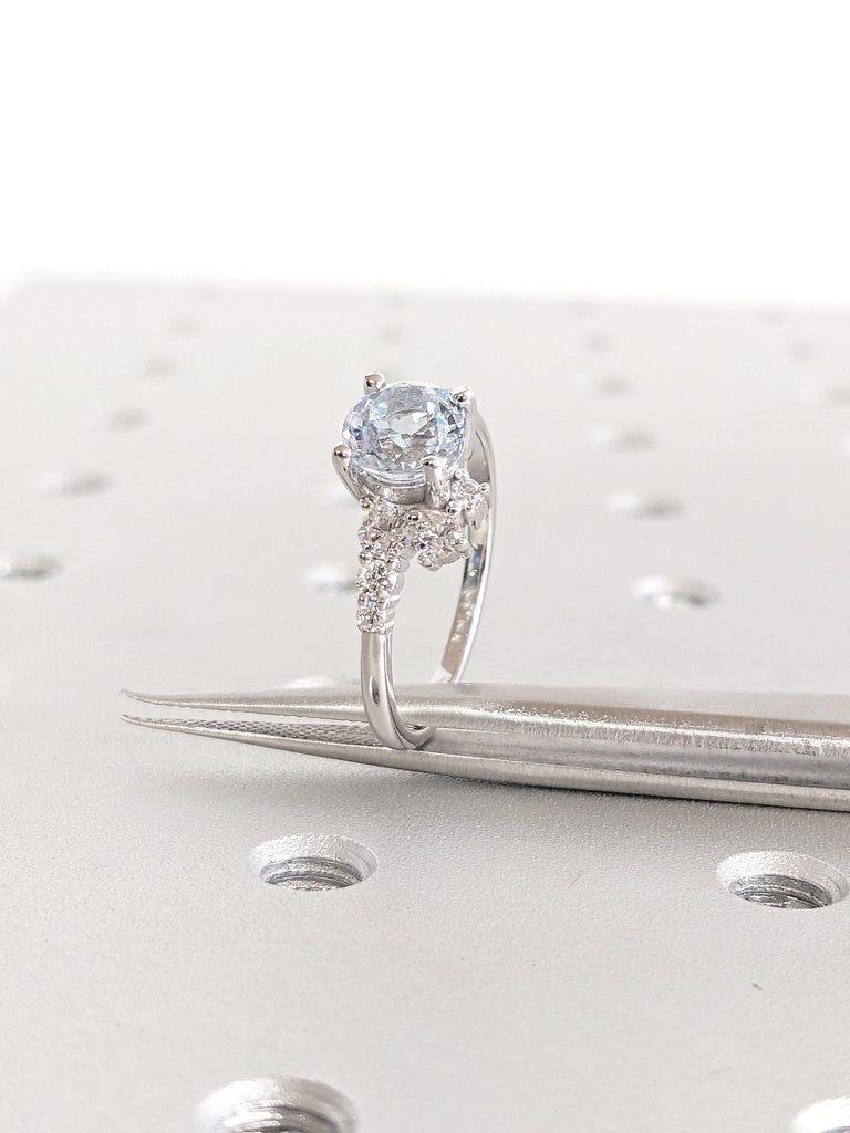 Round Aquamarine Ring, 14k White Gold Engagement Ring, Round Moissanite, Diamond Cluster Ring