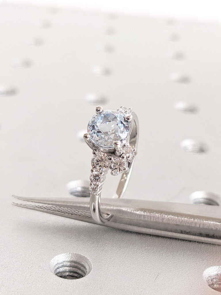 14k Gold Round Aquamarine and Diamond Engagement Ring, Moissanite Cluster Ring, Aquamarine Ring, Promise Ring for Her, March Birthstone Ring