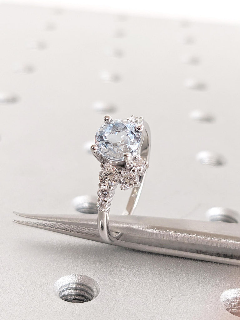 Round Aquamarine Ring, 14k White Gold Engagement Ring, Round Moissanite, Diamond Cluster Ring