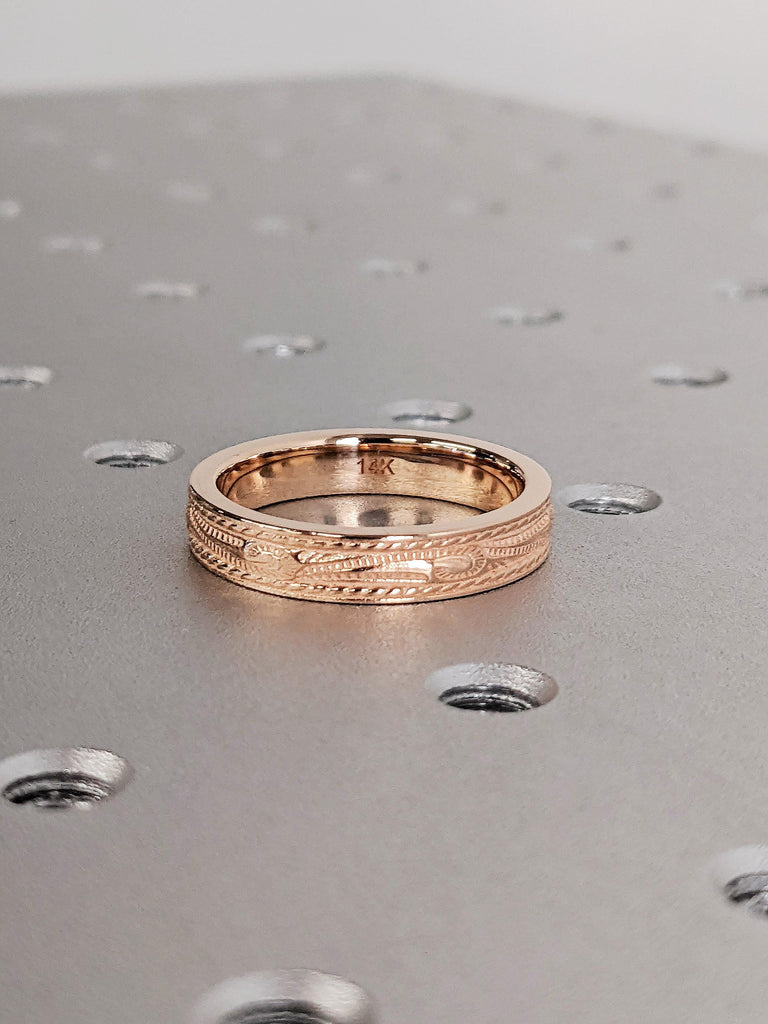 Hand Engraved Rose Gold Men's Engagement Ring, 14K Rose Gold Scroll Engraved Wedding Ring, Vintage Texture 4.5MM Band, Unique Men's Jewelry