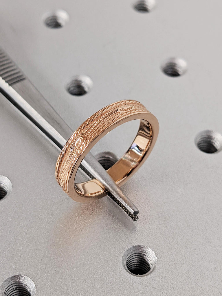 Hand Engraved Rose Gold Men's Engagement Ring, 14K Rose Gold Scroll Engraved Wedding Ring, Vintage Texture 4.5MM Band, Unique Men's Jewelry
