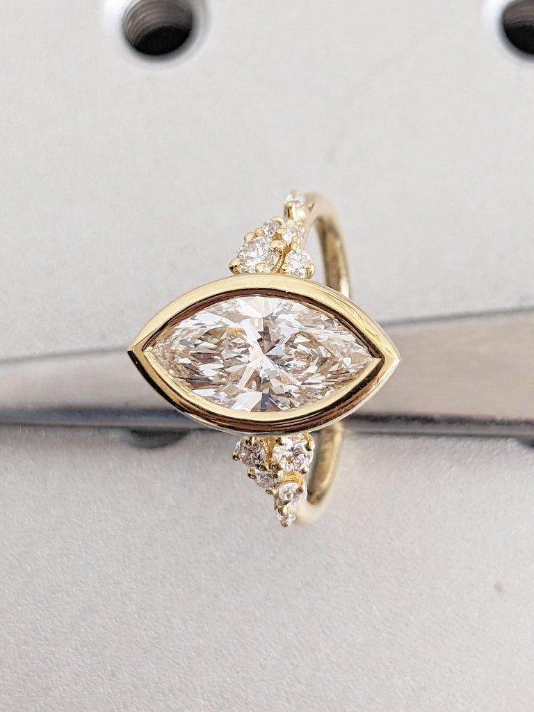 Marquise Cut Moissanite Engagement Ring, 18k Solid Gold Diamond Cluster Ring, Bezel Set Ring