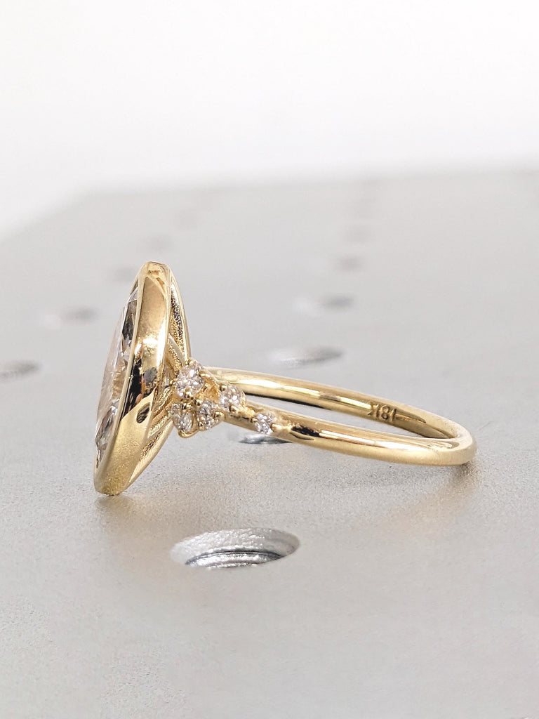 Marquise Cut Moissanite Engagement Ring, 18k Solid Gold Diamond Cluster Ring, Bezel Set Ring
