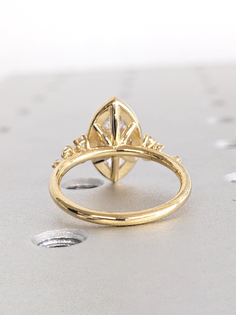 Marquise Cut Moissanite Engagement Ring, 18k Solid Gold Diamond Cluster Ring, Bezel Set Ring