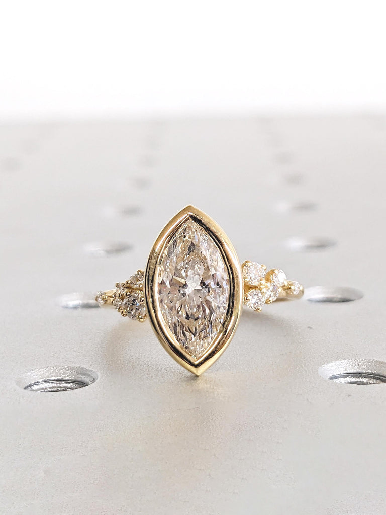 0.5-4ct Moissanite Ring, Bezel Engagement Ring, 18k Yellow Gold, Marquise Cut Ring, Statement Ring for Women, Snowdrift Diamond Cluster Ring