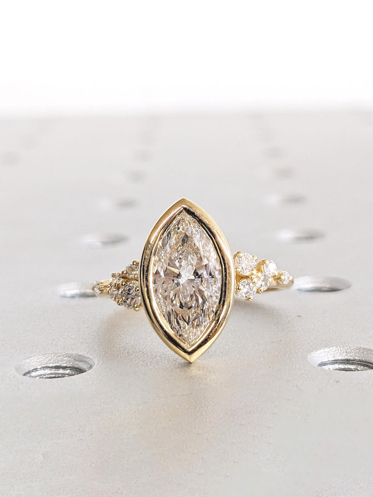Marquise Cut Moissanite Engagement Ring, 18k Solid Gold Diamond Cluster Ring, Bezel Set Ring