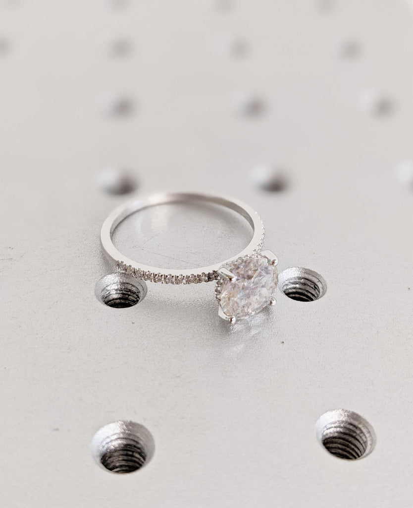 Round Cut Moissanite Engagement Ring, Hidden Halo with Half Eternity Band, 14K White Gold Bridal Ring