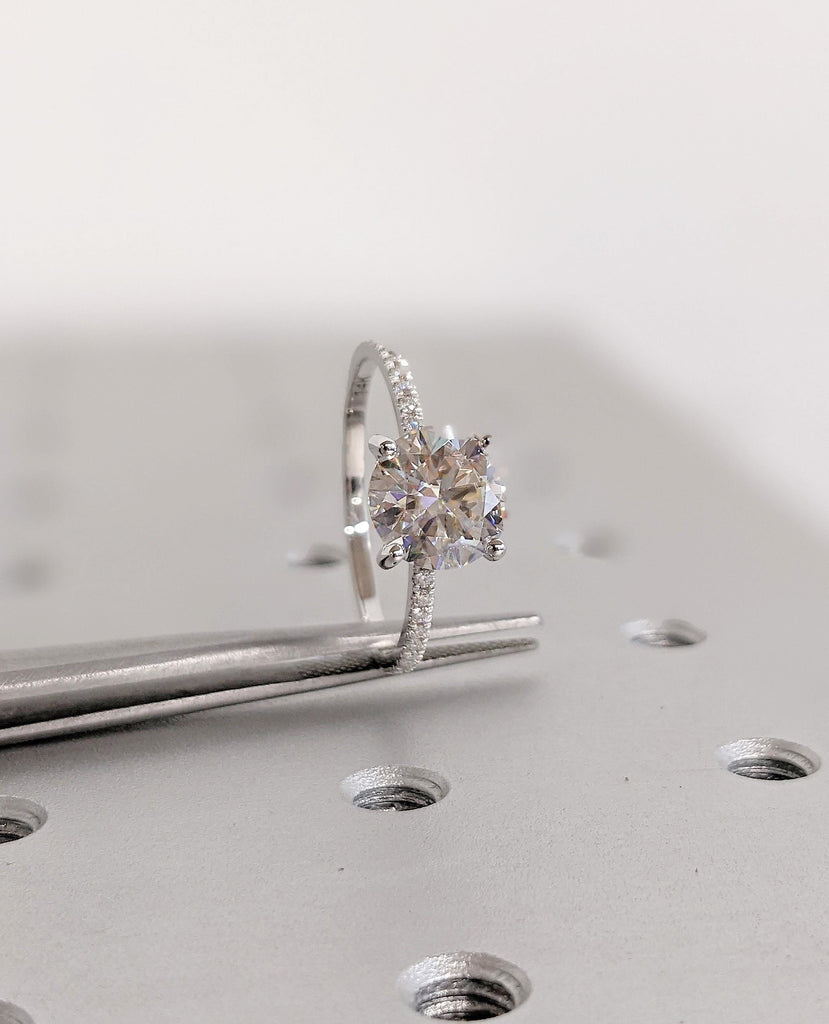 Round Cut Moissanite Engagement Ring | Hidden Halo Setting | Half Eternity Pave Band with Side Stones | 14K White Gold Classic Wedding Ring