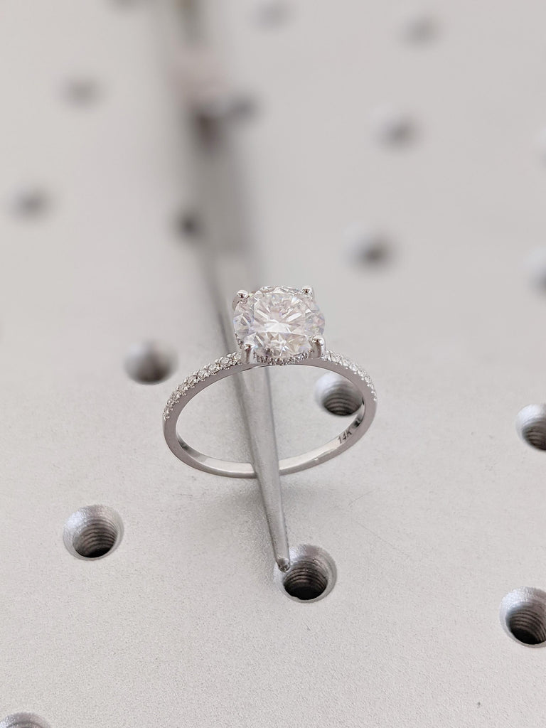 Round Cut Moissanite Engagement Ring | Hidden Halo Setting | Half Eternity Pave Band with Side Stones | 14K White Gold Classic Wedding Ring