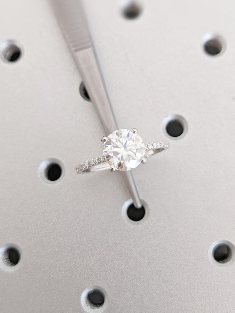 Round Cut Moissanite Engagement Ring | Hidden Halo Setting | Half Eternity Pave Band with Side Stones | 14K White Gold Classic Wedding Ring