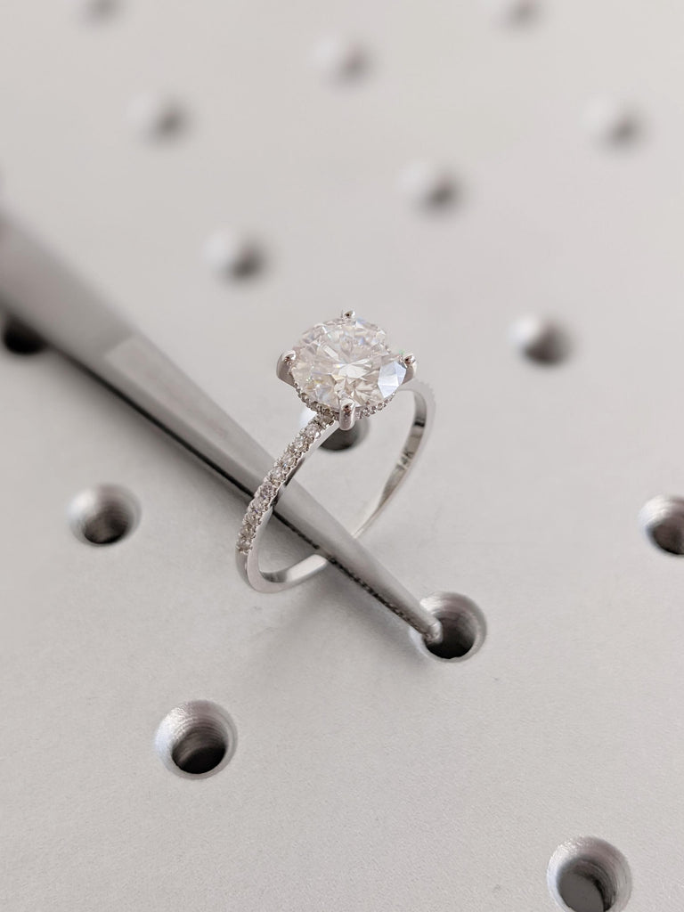 Round Cut Moissanite Engagement Ring | Hidden Halo Setting | Half Eternity Pave Band with Side Stones | 14K White Gold Classic Wedding Ring