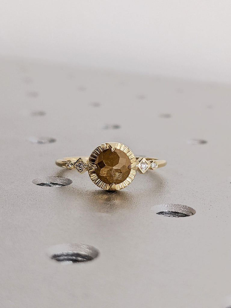 Unique Round Cut Raw Salt and Pepper Brown Diamond Engagement Ring, 14K Solid Yellow Gold Talon Prong Wedding Ring, Vintage Rose Cut Diamond