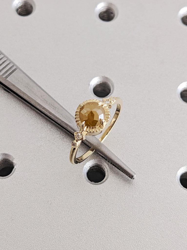 Unique Round Cut Raw Salt and Pepper Brown Diamond Engagement Ring, 14K Solid Yellow Gold Talon Prong Wedding Ring, Vintage Rose Cut Diamond