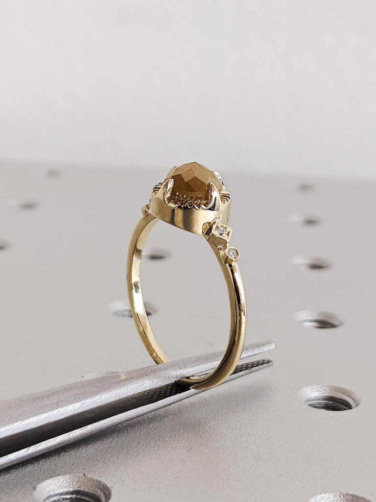 Unique Round Cut Raw Salt and Pepper Brown Diamond Engagement Ring, 14K Solid Yellow Gold Talon Prong Wedding Ring, Vintage Rose Cut Diamond