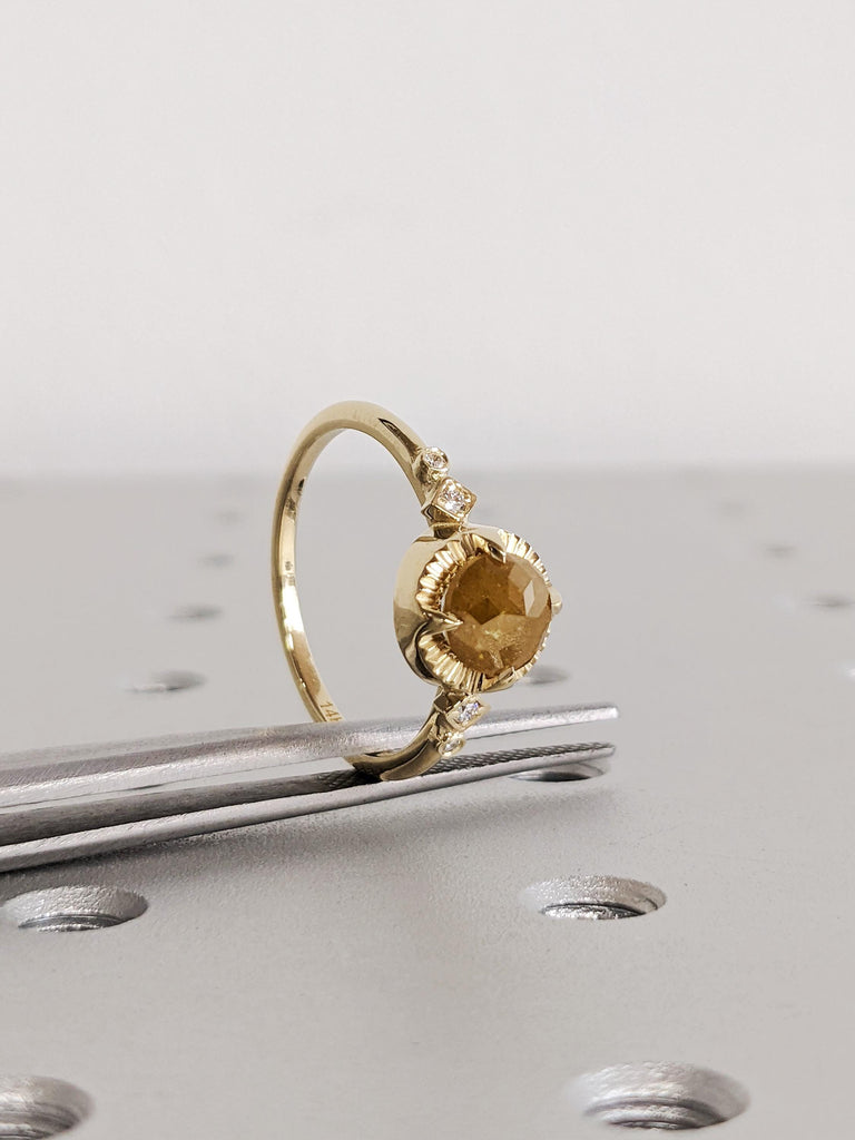 Unique Round Cut Raw Salt and Pepper Brown Diamond Engagement Ring, 14K Solid Yellow Gold Talon Prong Wedding Ring, Vintage Rose Cut Diamond