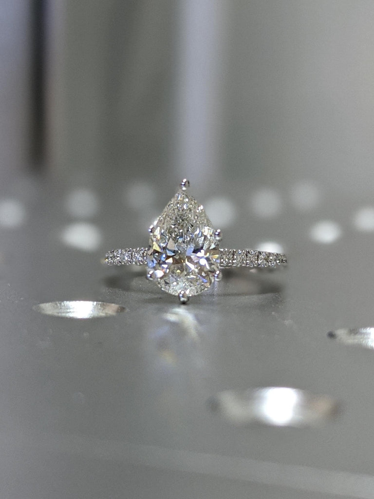 1.25 CT Pear Moissanite Engagement Ring, Half Eternity Band with Diamonds, 14K Gold Pave Setting, Pear Cut Bridal Ring, Anniversary Gift