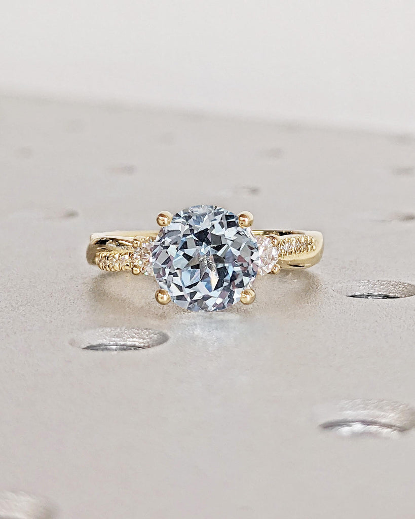 Diamond & Aquamarine Engagement Ring, 3 Stone Ring, Round Aquamarine Blue Gemstone Ring, Twisted Band Bridal Ring, 14K Gold March Birthstone