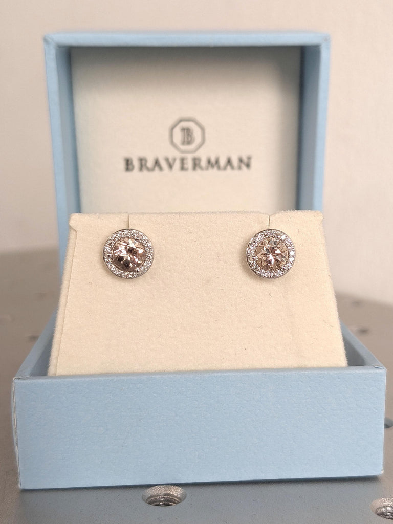 Minimalist Halo Morganite Stud Earrings / Diamonds Halo Earrings / Minimalist Earrings / Classic Earrings / Bridesmaid Gift