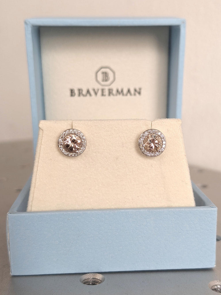 Minimalist Halo Morganite Stud Earrings / Diamonds Halo Earrings / Minimalist Earrings / Classic Earrings / Bridesmaid Gift