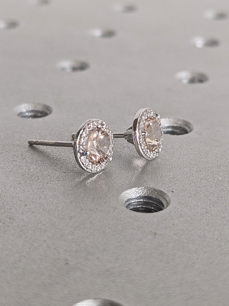 1-2 Carat Pink Morganite Round Halo Earrings | 14k Solid Gold Lab Diamond Halo Bridal Studs | Wedding Earrings | Morganite Earring for Her