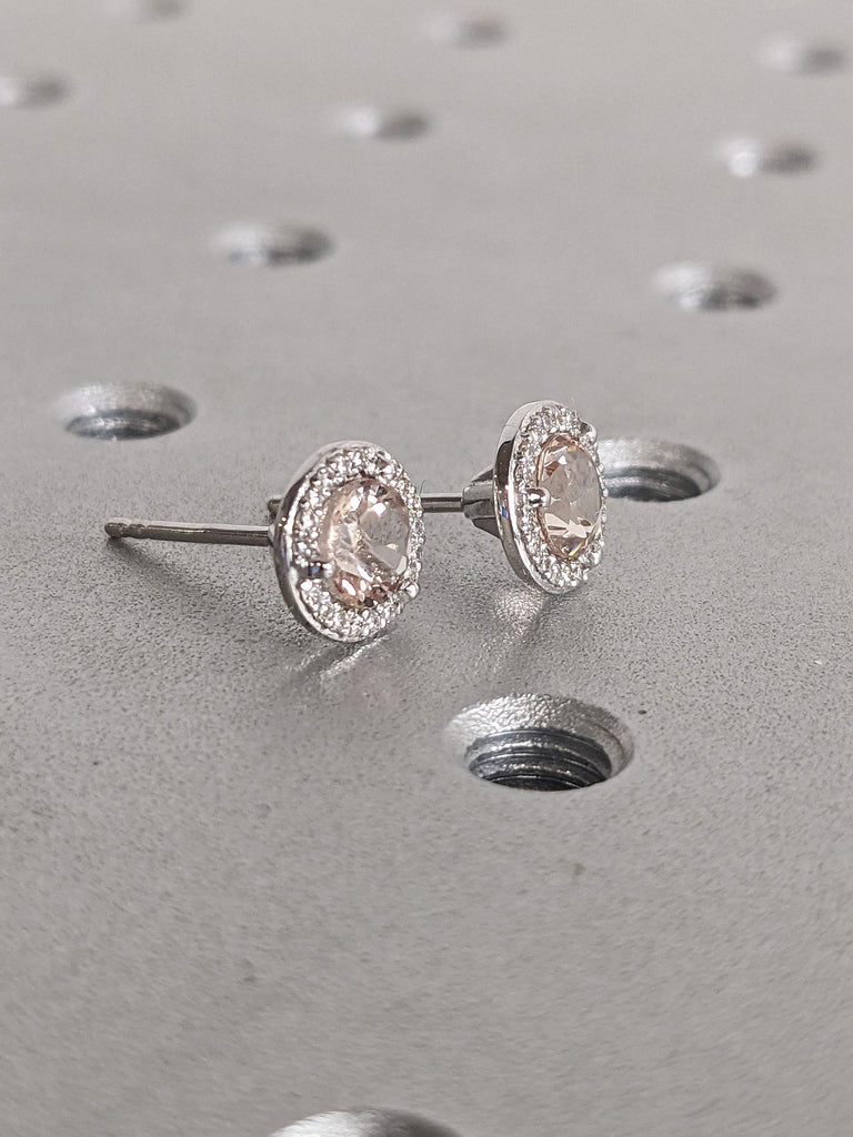 Lab Morganite and Moissanite Halo Wedding Earrings for Her | 14k 18k White Gold Round Studs Earrings | Blush Pink Morganite Studs Earrings