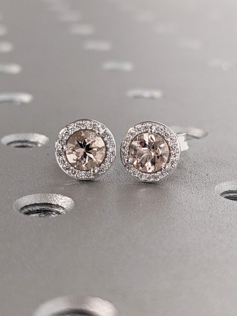 Diamond Halo Earrings | Brilliant Round Morganite Earring | 14k White Gold Women Stud Earrings | Natural Diamond Earrings | Everyday Earring