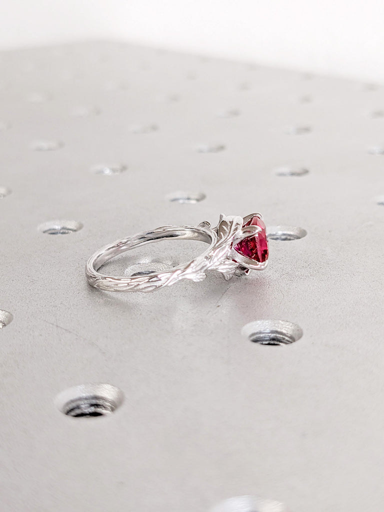 14K White Gold Red Ruby Engagement Ring | Vintage Leaf Solitaire Ring | July Birthstone Bridal Ring | Lab Ruby Cushion Cut Engagement Ring