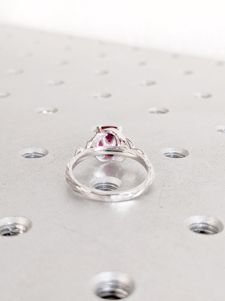 14K White Gold Red Ruby Engagement Ring | Vintage Leaf Solitaire Ring | July Birthstone Bridal Ring | Lab Ruby Cushion Cut Engagement Ring