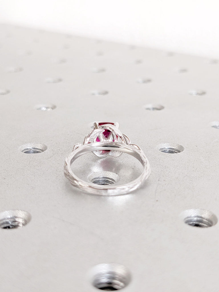 Lab Ruby Engagement Ring: 14K White Gold Cushion Cut Ring with Vintage Leaf Design