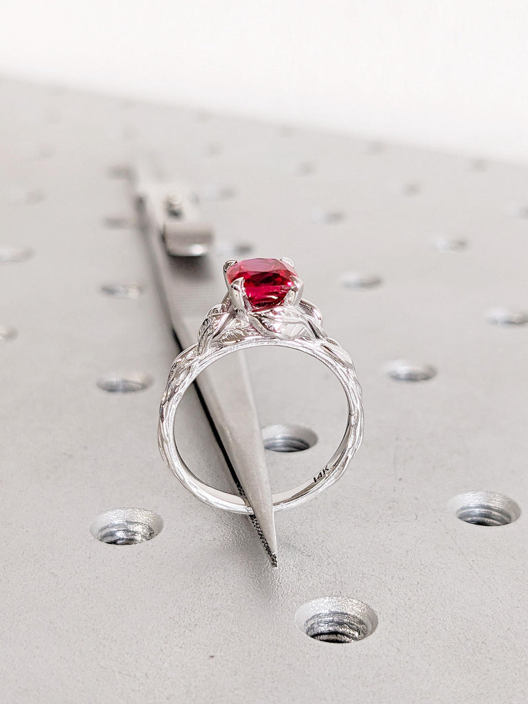 14K White Gold Red Ruby Engagement Ring | Vintage Leaf Solitaire Ring | July Birthstone Bridal Ring | Lab Ruby Cushion Cut Engagement Ring