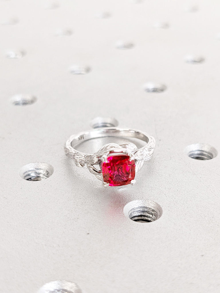 14K White Gold Red Ruby Engagement Ring | Vintage Leaf Solitaire Ring | July Birthstone Bridal Ring | Lab Ruby Cushion Cut Engagement Ring