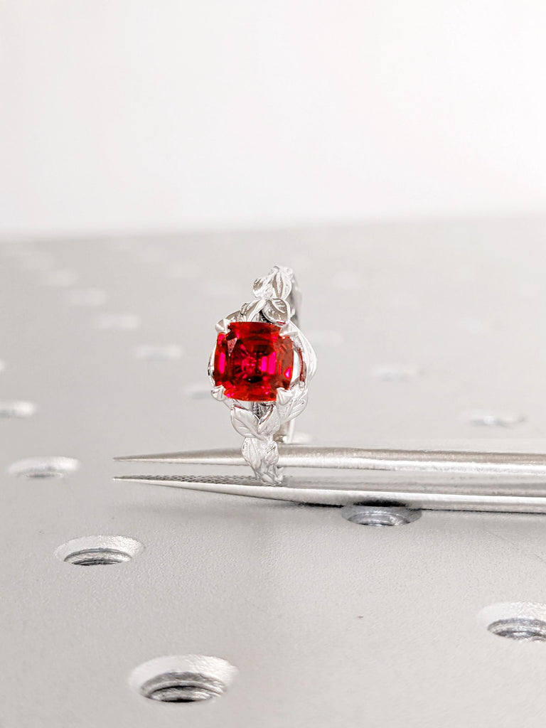 14K White Gold Red Ruby Engagement Ring | Vintage Leaf Solitaire Ring | July Birthstone Bridal Ring | Lab Ruby Cushion Cut Engagement Ring