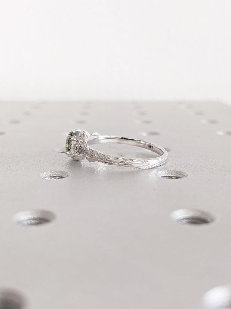 Three Stone Nature Inspired Ring, 14k White Gold Engagement Ring, Moissanite and Montana Sapphire Ring, Leaf Ring, Art Deco Anniversary Ring