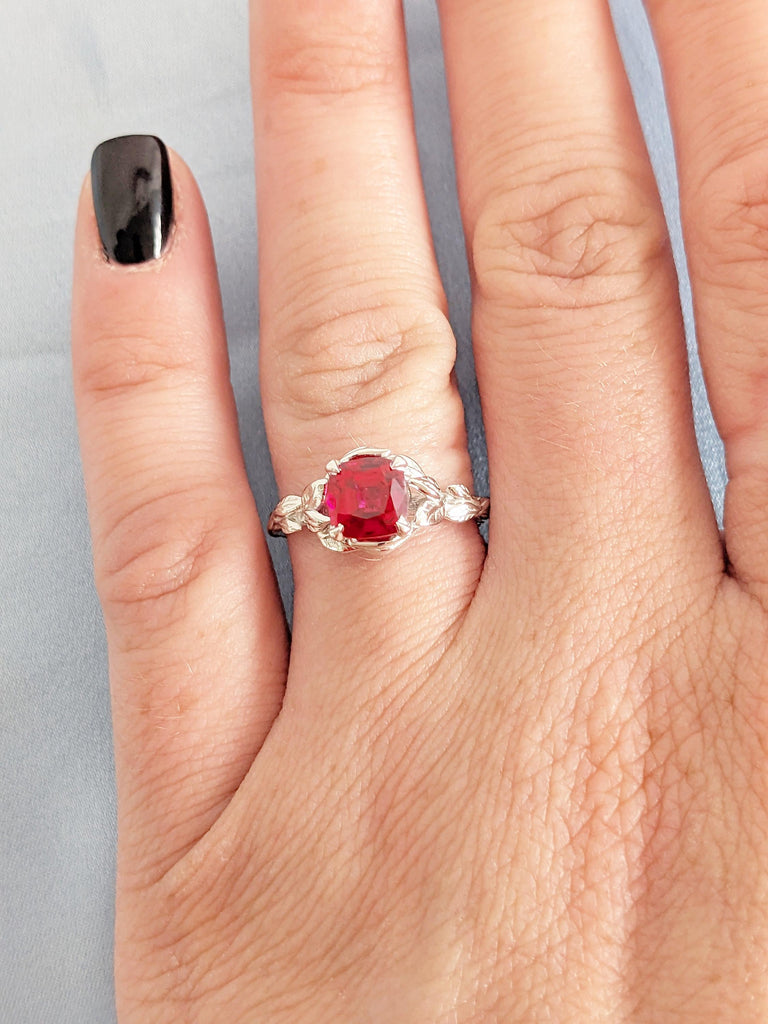 14K White Gold Red Ruby Engagement Ring | Vintage Leaf Solitaire Ring | July Birthstone Bridal Ring | Lab Ruby Cushion Cut Engagement Ring