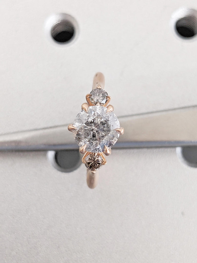 Salt and Pepper Diamond Engagement Ring, Matte Finish 14k Rose Gold Ring, Unique 3 Stone Diamond Wedding Ring, Vintage Promise Ring for Her