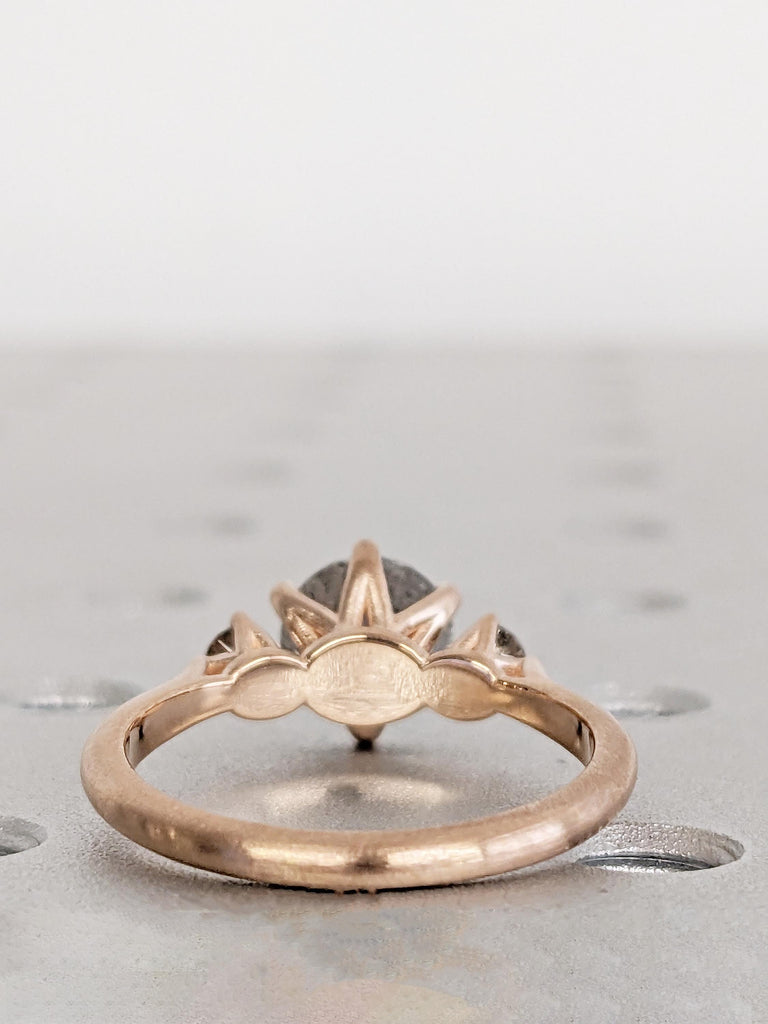 Salt and Pepper Diamond Engagement Ring, Matte Finish 14k Rose Gold Ring, Unique 3 Stone Diamond Wedding Ring, Vintage Promise Ring for Her