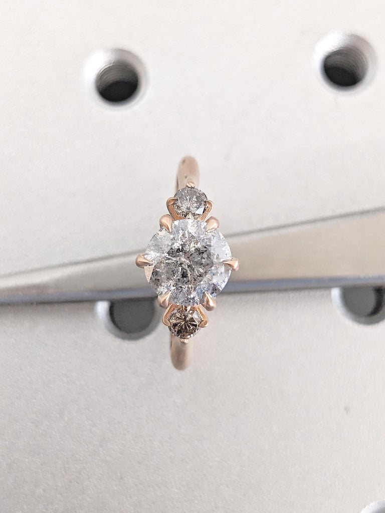 Salt and Pepper Diamond Engagement Ring, Matte Finish 14k Rose Gold Ring