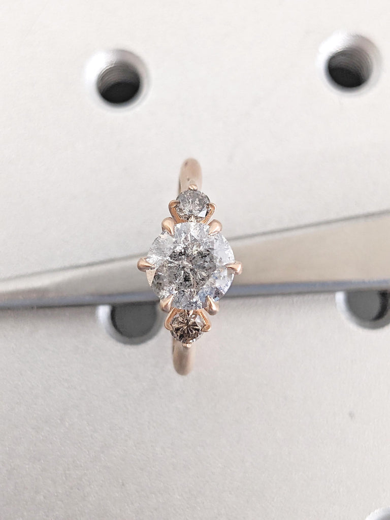 Matte Finish Rose Gold Engagement Ring, 3 Stone Wedding Ring