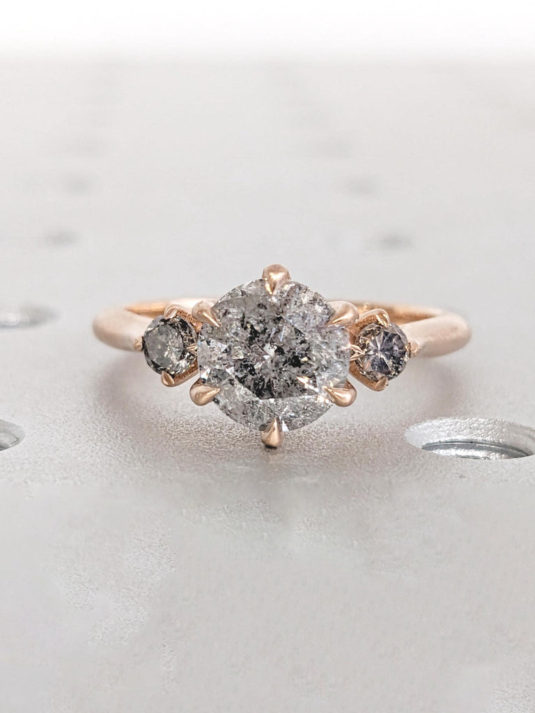 Salt and Pepper Diamond Engagement Ring, Matte Finish 14k Rose Gold Ring, Unique 3 Stone Diamond Wedding Ring, Vintage Promise Ring for Her