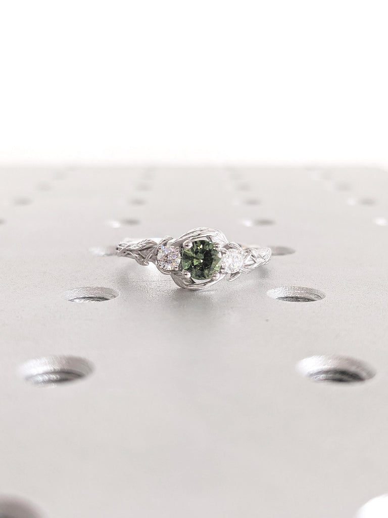 14k White Gold Ring, Nature Ring, Diamond and Teal Sapphire