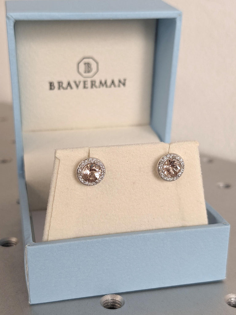 Lab Morganite and Moissanite Halo Wedding Earrings for Her | 14k 18k White Gold Round Studs Earrings | Blush Pink Morganite Studs Earrings