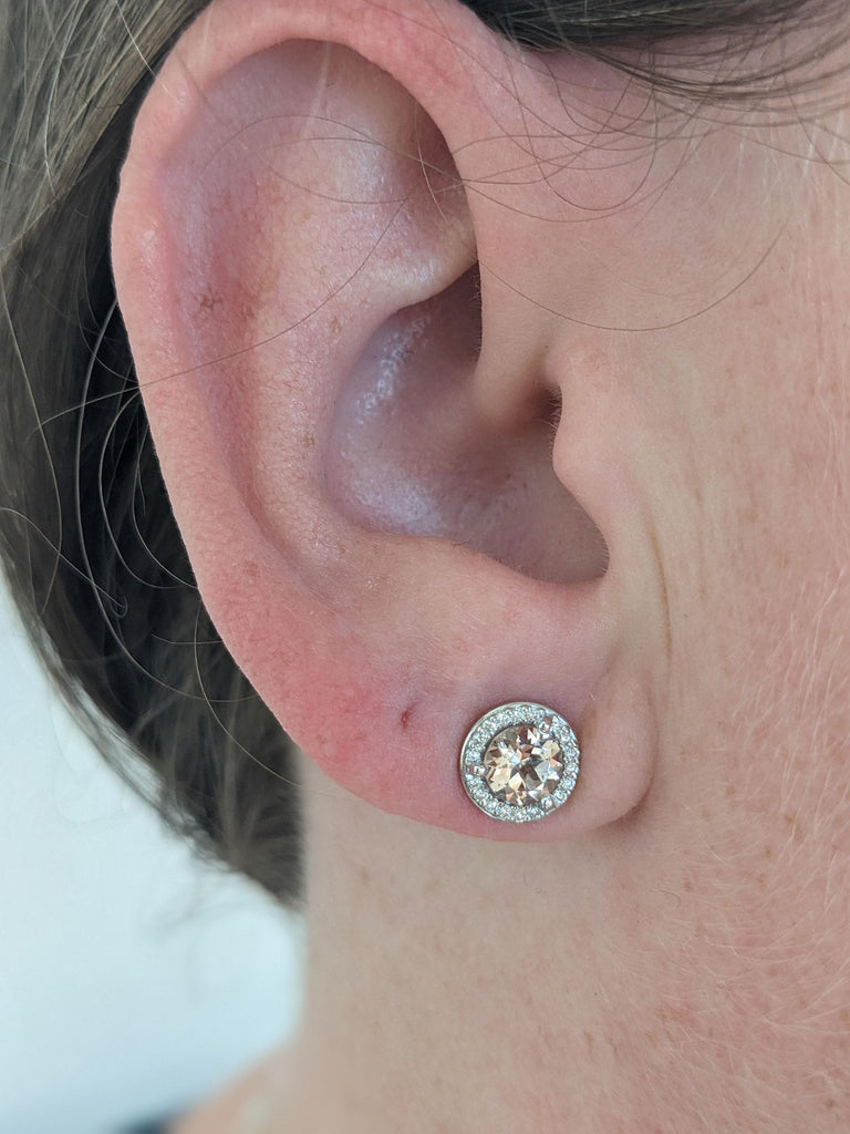 Moissanite Halo Solid Gold Women Earrings | Round Morganite Studs Earrings | Eco Friendly Earrings